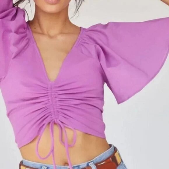 Maeve by Anthropologie Cinched Flutter Bell Sleeve Top Violet Purple XS - Picture 1 of 11